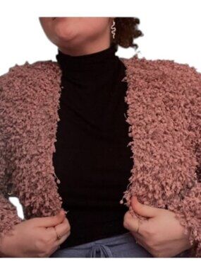 E & M shaggy open front cardigan rust brown women's size S